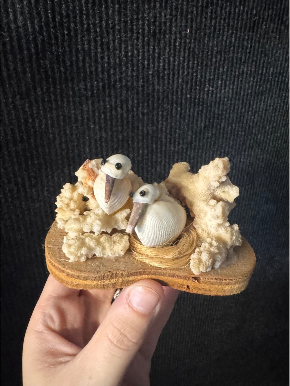 Handmade Bird Figurine Sculpture with Shells and Coral on Wooden Base